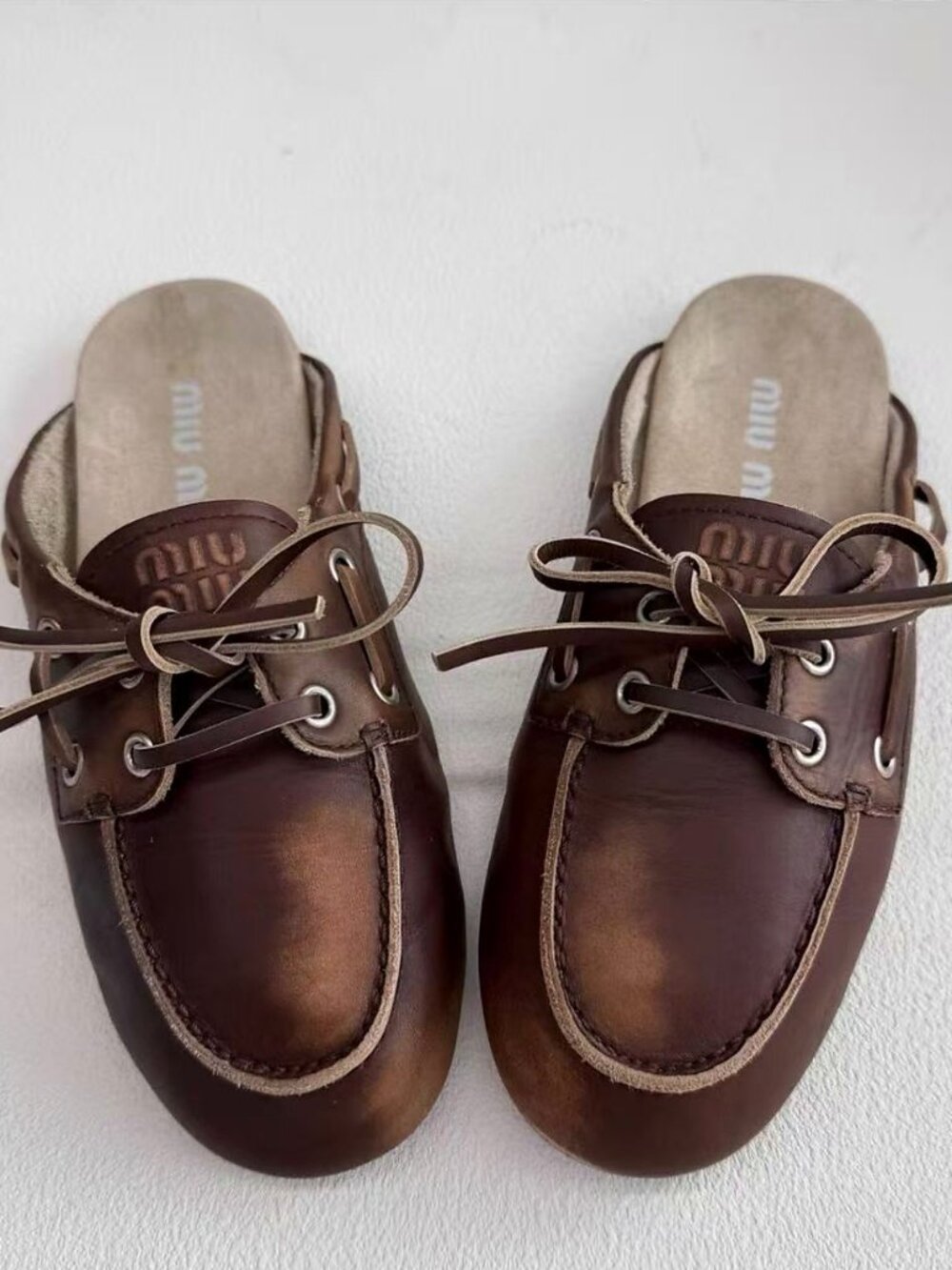 Miu Miu Retro Brown Leather Boat Mule Loafers